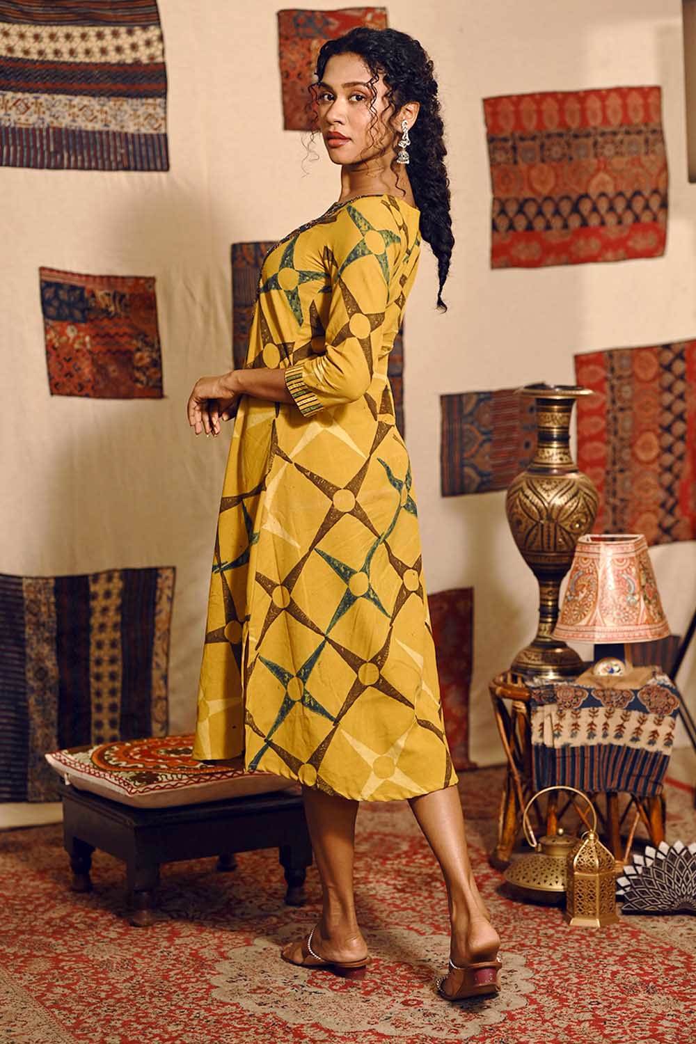 Mustard Yellow A line Kurti with Feather Yoke