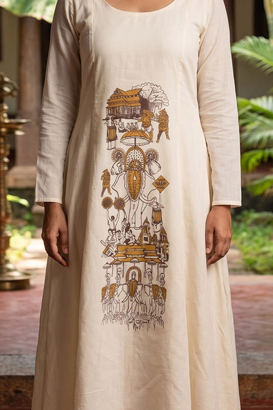 Offwhite 3 Panel Dress with Thrissur Pooram Print