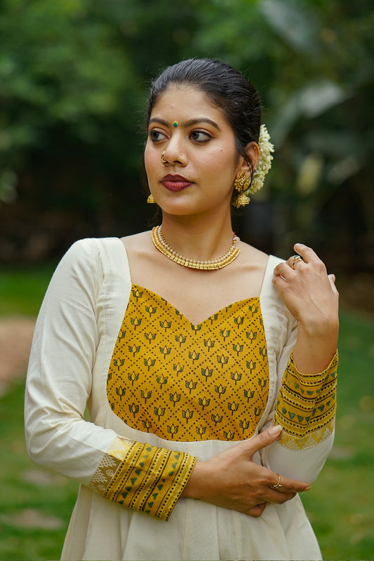 Yellow Lotus Yoke Off White Anarkali
