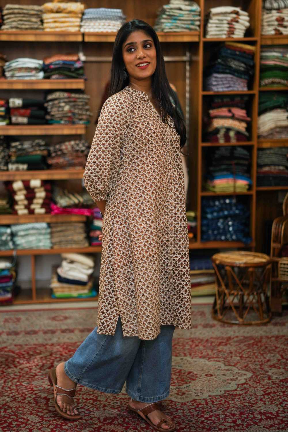 Beige with Small Floral Print Dress