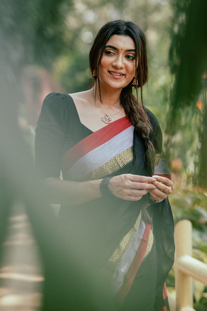 Narayanpet Black Saree with Red & Grey Borders