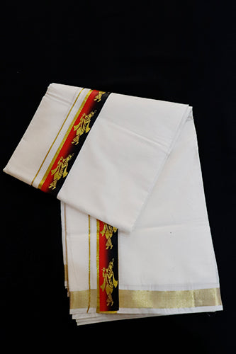Offwhite Dhothi Orange & Black with Krishna Print