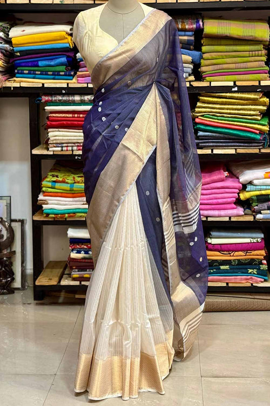 Grey Maheswari Silk Saree Half & Half