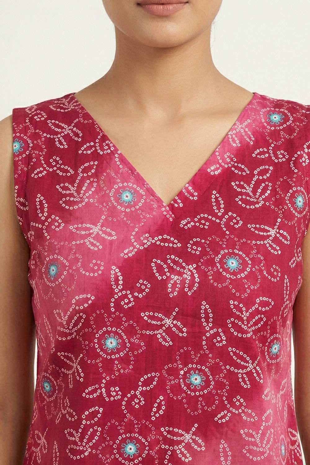 Pink Sleeveless Leaf & Floral Print Kurti