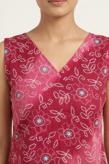 Pink Sleeveless Leaf & Floral Print Kurti