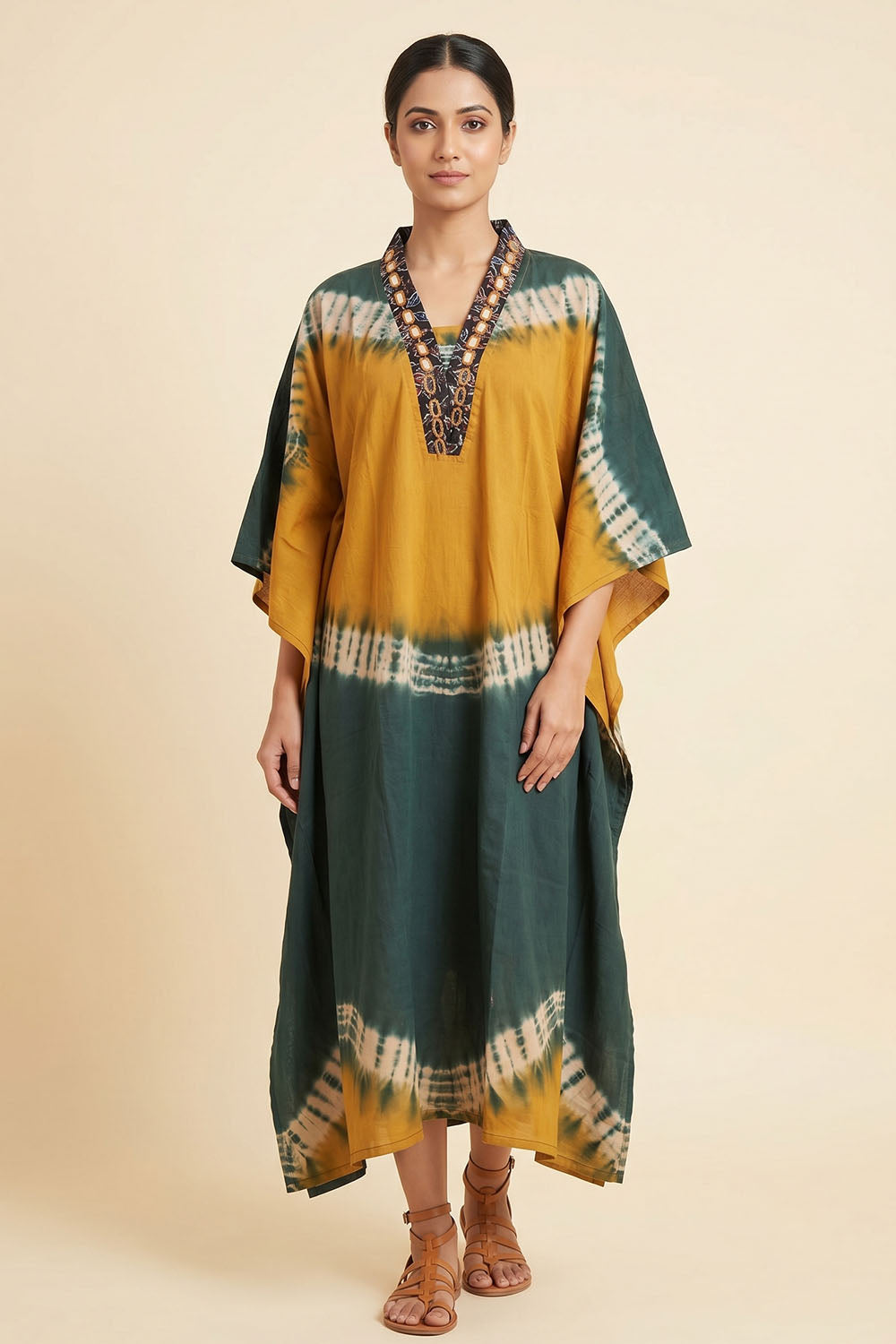 Yellow Kaftan with Green wave