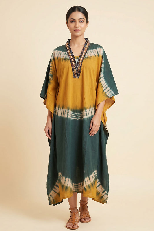 Yellow Kaftan with Green wave