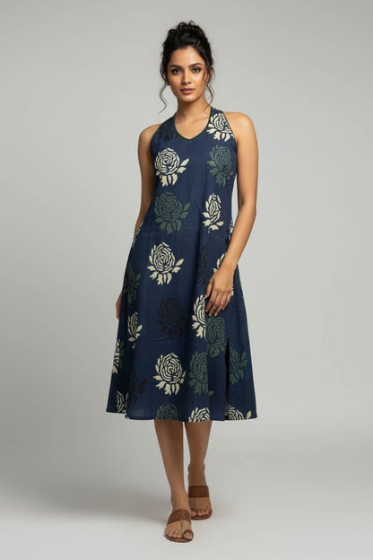 Indigo Base Green Rose Halterneck A Line Dress