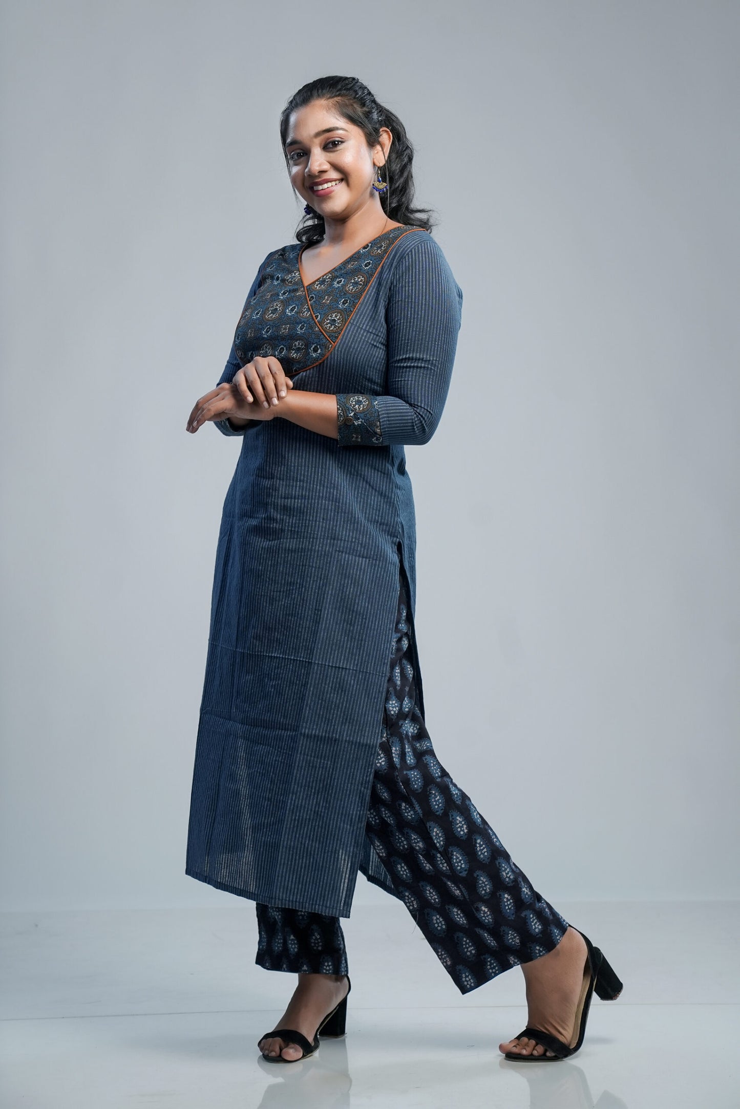 Blue Kurti with Ajrakh Yoke