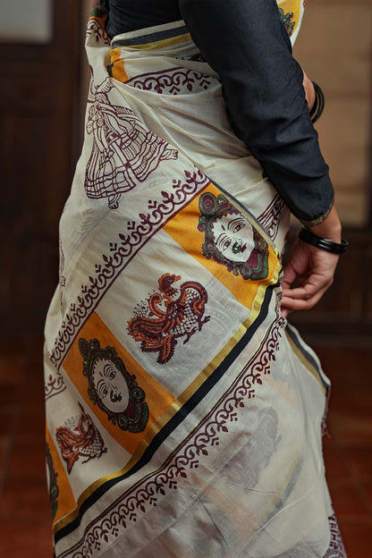 Offwhite Black & Gold Border Kadhakali Print Set Saree