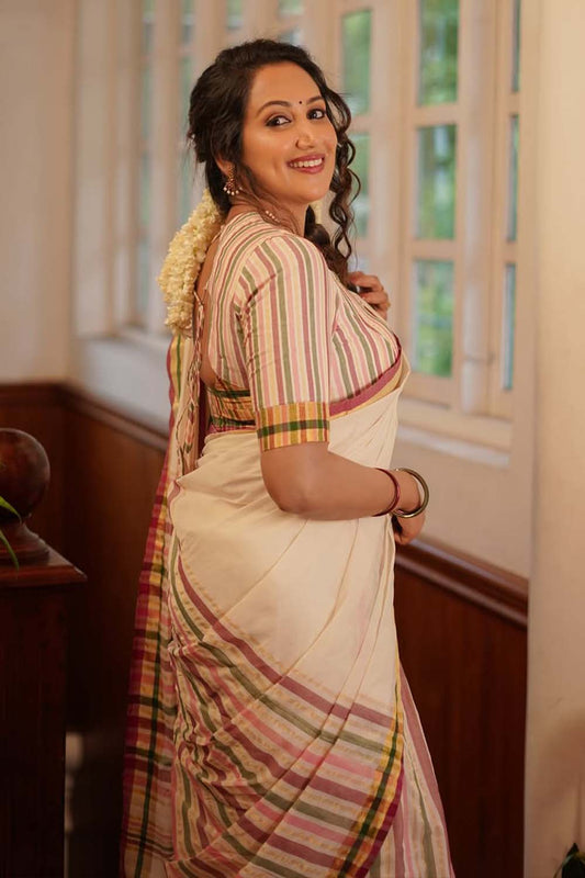 Kerala Handloom Saree with Multi Thick Stripes & Golden
