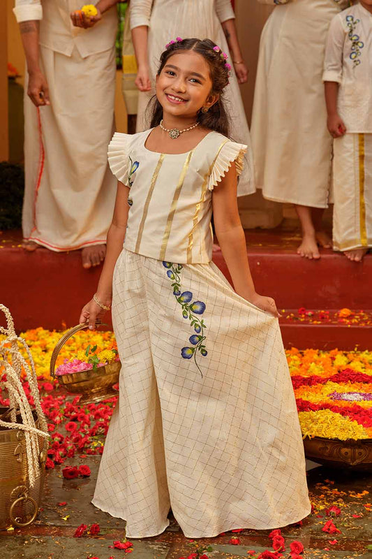 Shangupushpam Handpainted Offwhite Top & Flared Pant