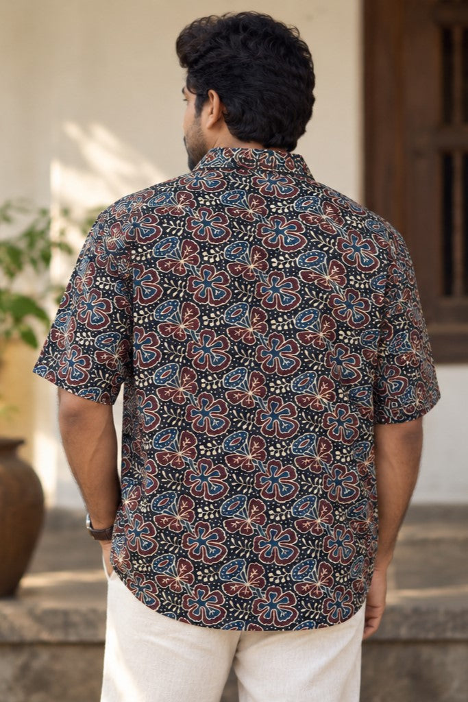 Black Base Blue & Maroon Multi Leaf Print Modal Silk Shirt