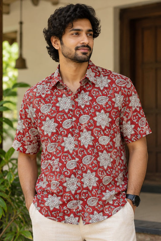 Red Base Shirt with Bagru Print