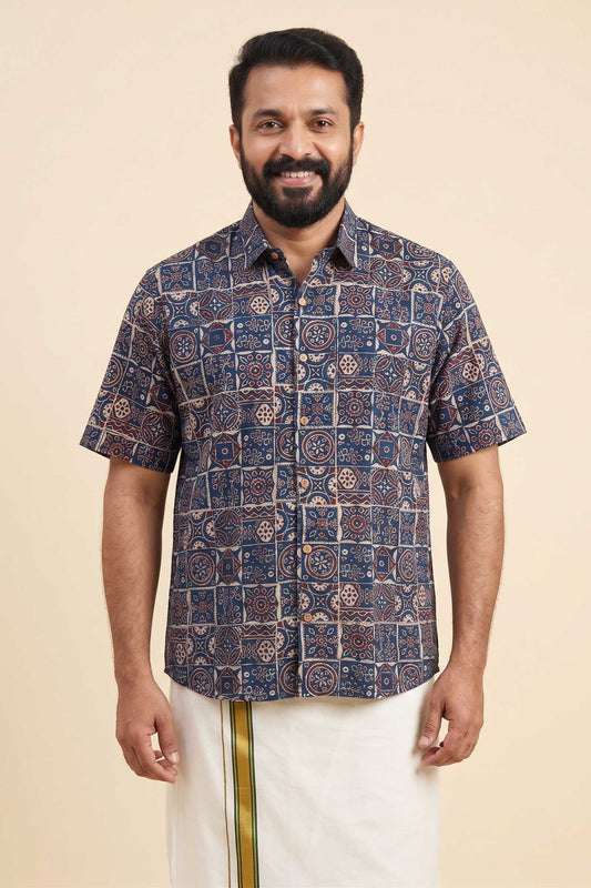 Blue Base Geomertical Handblock Print Shirt