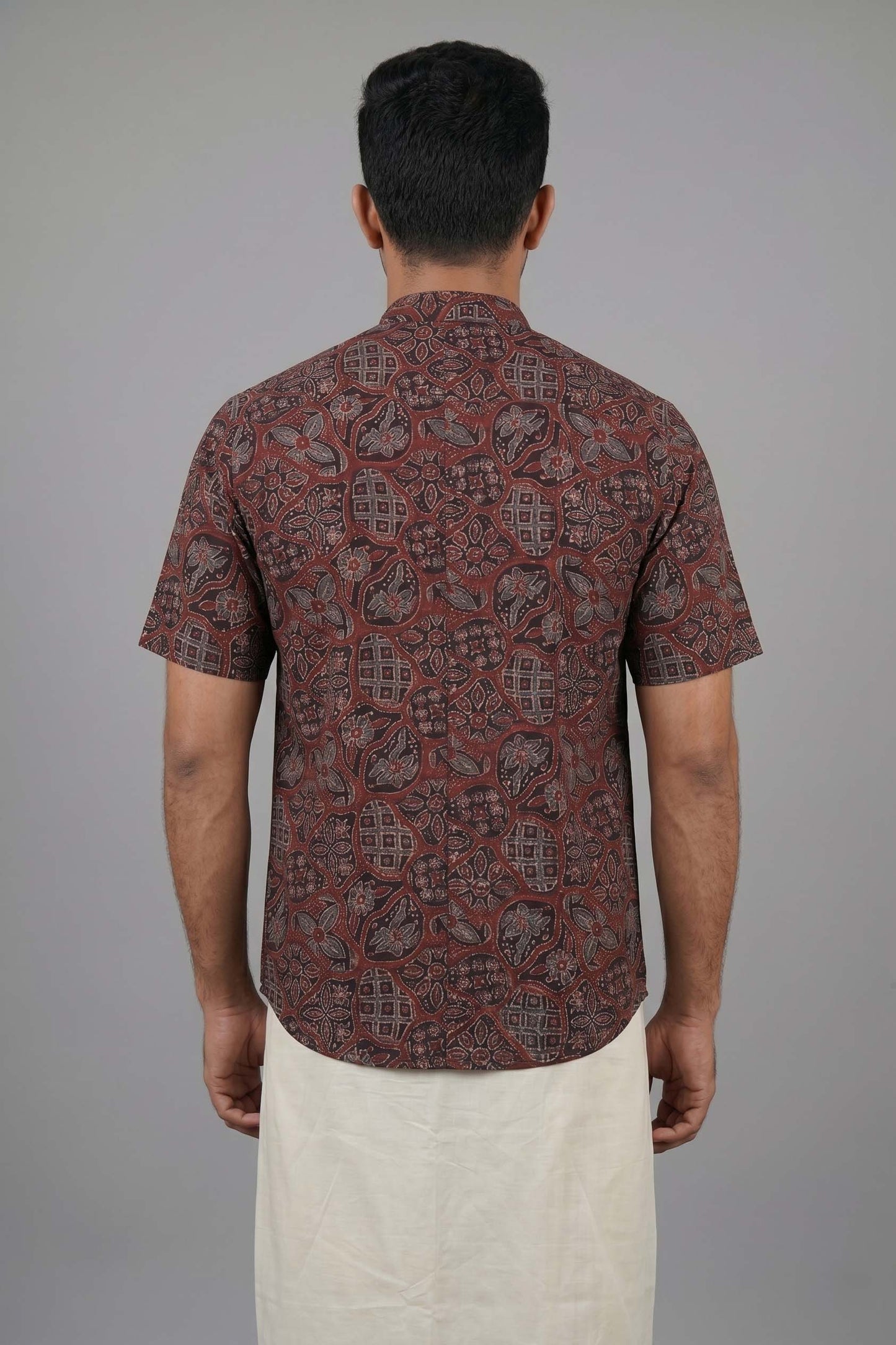 Black Base Chinese Collar Ajrakh Hand Block Print Shirt