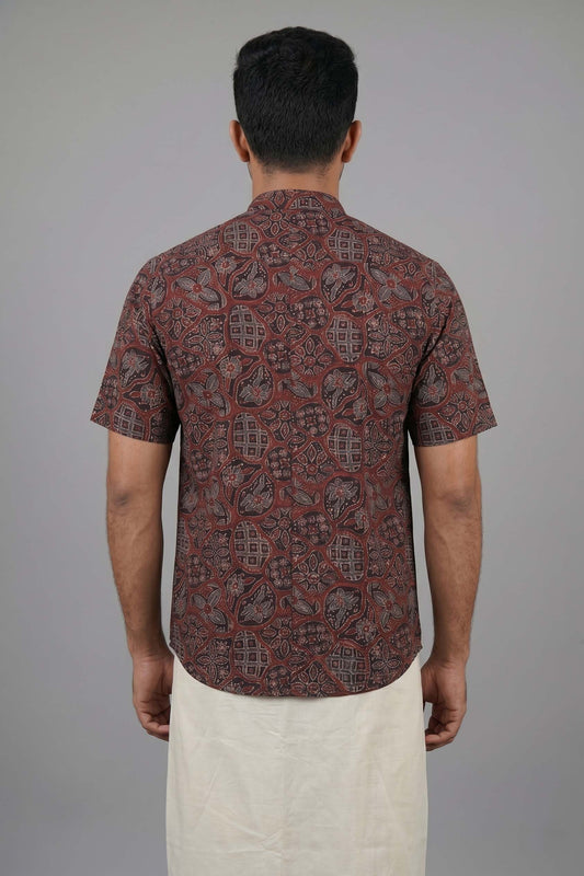 Black Base Chinese Collar Ajrakh Hand Block Print Shirt