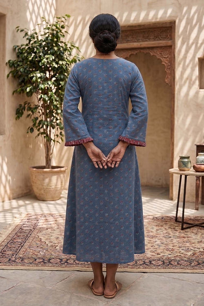 Blue Base Rose Printed A Line Dress