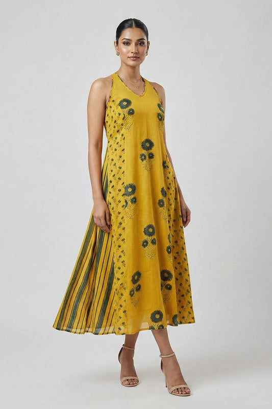 Yellow Ajrakh Modal silk Holter Neck A Line Kurti