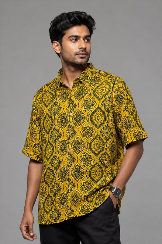 Yellow Modal Silk Green Printed Shirt