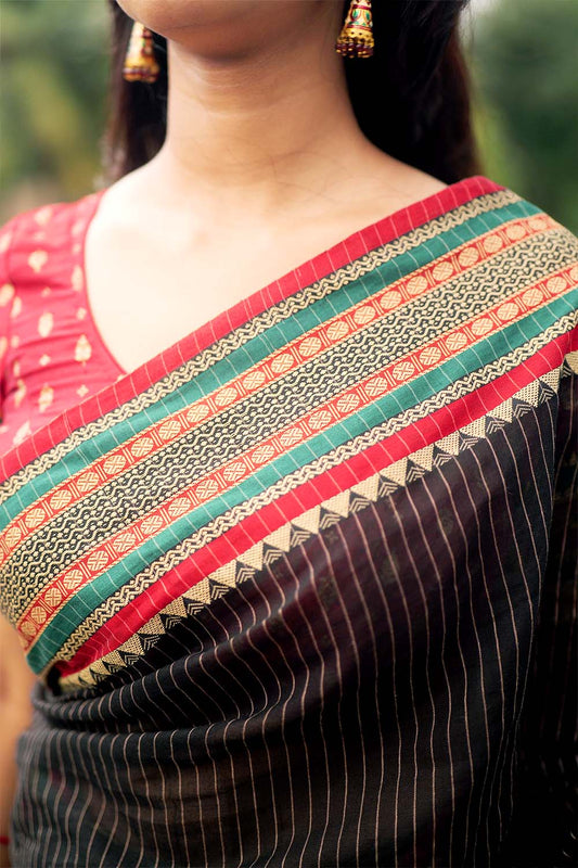 Black Narayanpet Stripe Saree