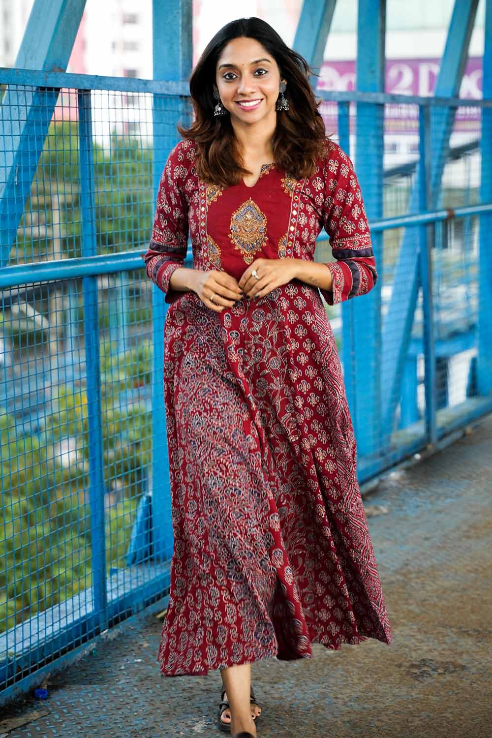 Red Ajrakh Multi Printed Panel Anarkali