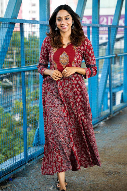 Red Ajrakh Multi Printed Panel Anarkali