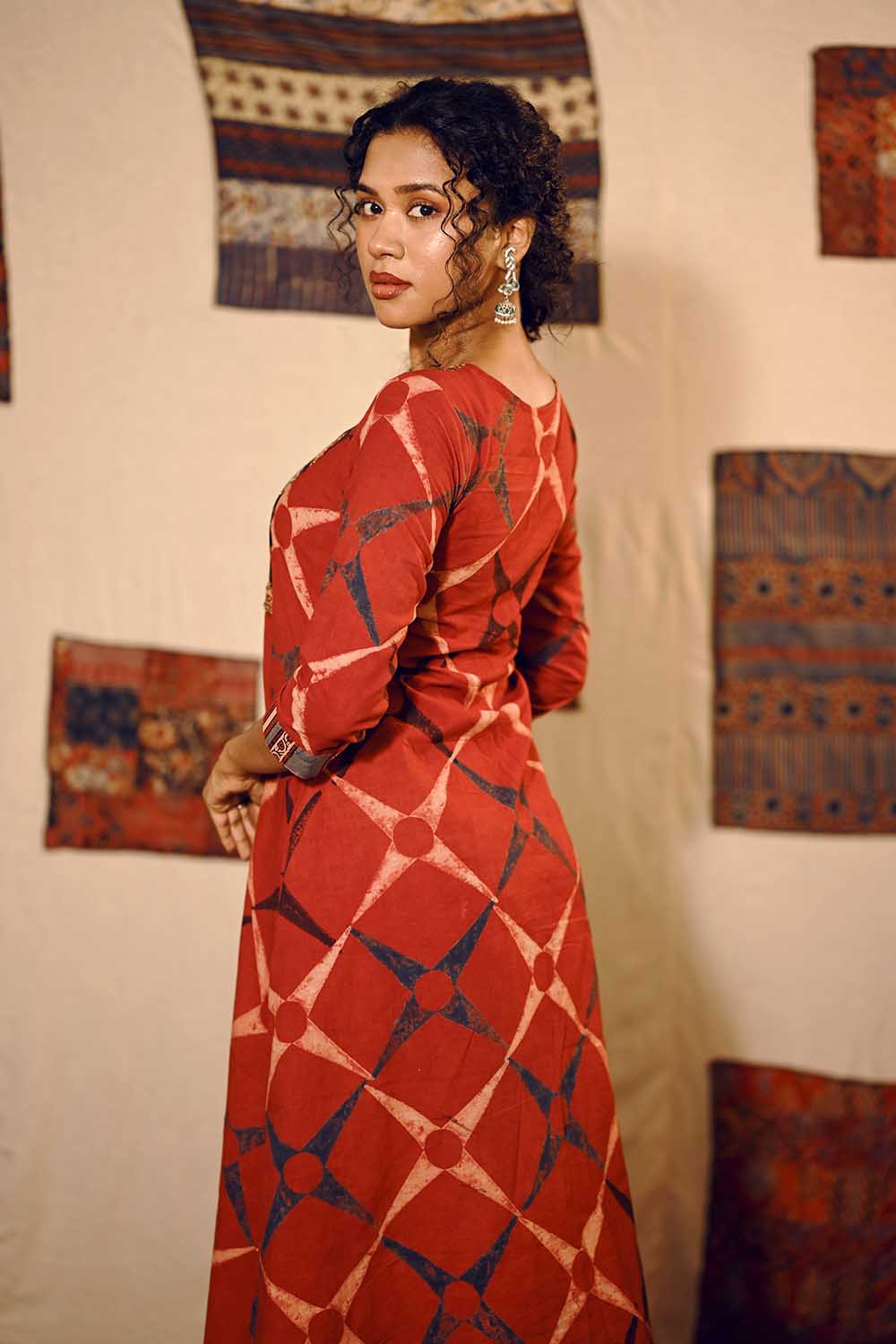 Red A line Kurti with Feather Yoke