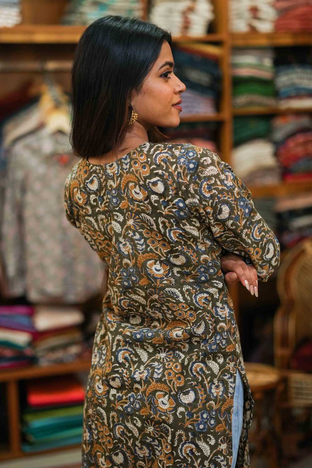 Green Base Mustard Kalamkari Yellow Kurti