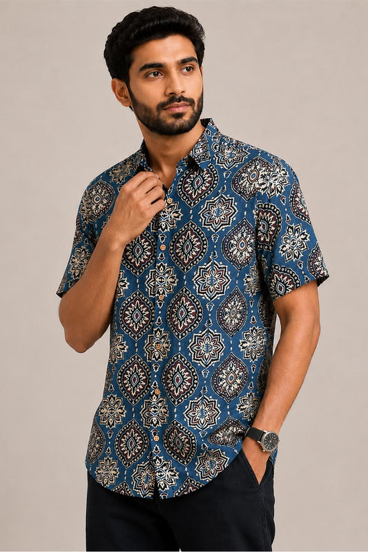 Blue Base Modal Silk Printed Shirt