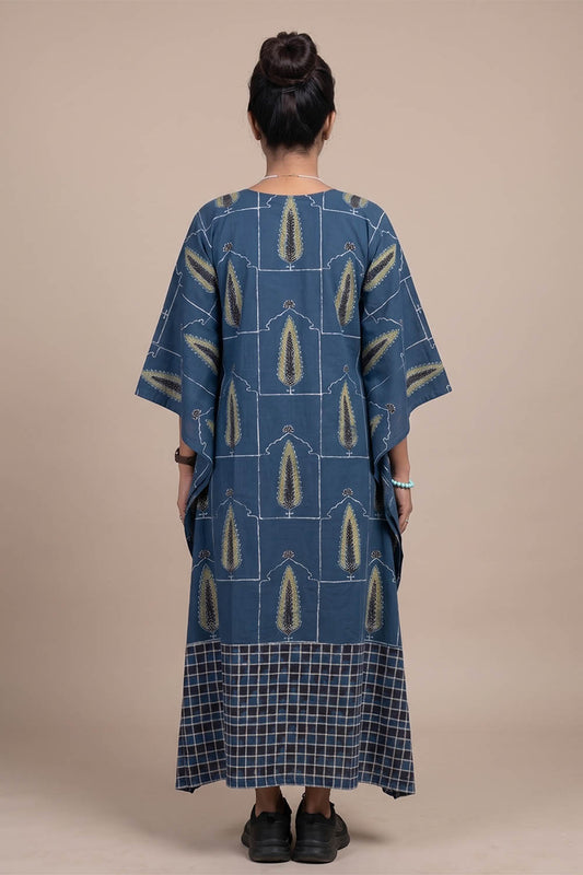 Royal Blue Base Tree & Check Print Kaftan