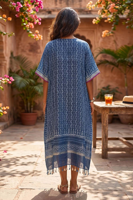 Linen Kaftan with Waves Print