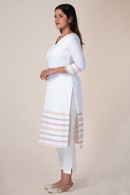 White Kantha Kurthi with Multicolour Lace