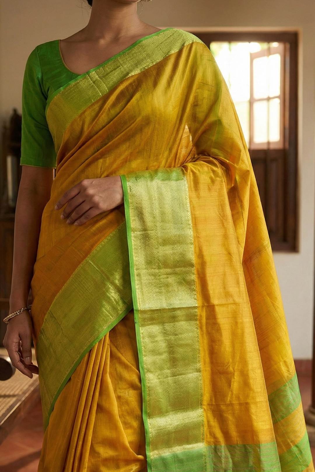 Maheshwari Silk Green & Yellow Saree Jari Temlpe Border