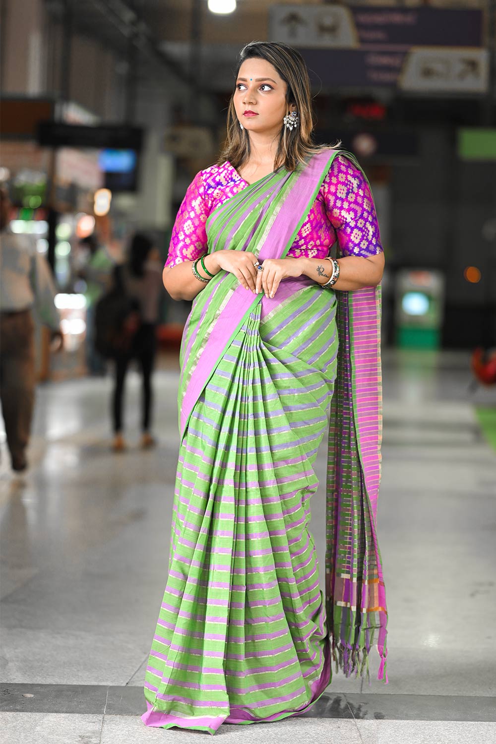 Chendamangalam green and violet check saree