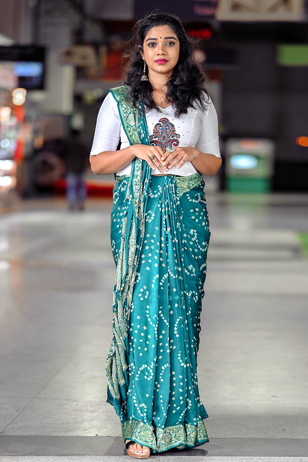 Modal Bandhani Green Saree