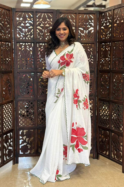 White Saree with Green Scallop & Red Flower