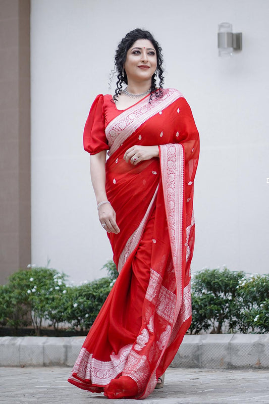 Red Pure Silk Chiffon Saree