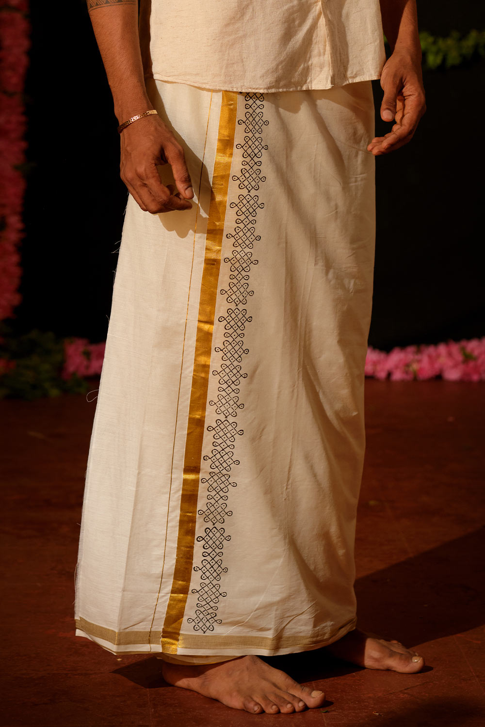 Rangoli Hand Blocked Printed Golden Kasavu Dhothi