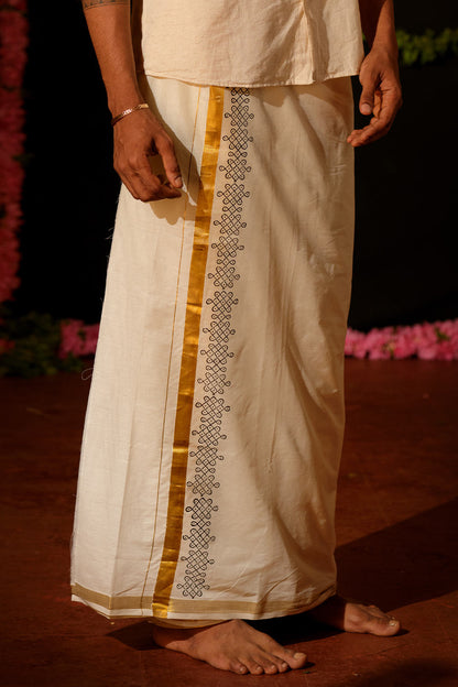 Rangoli Hand Blocked Printed Golden Kasavu Dhothi