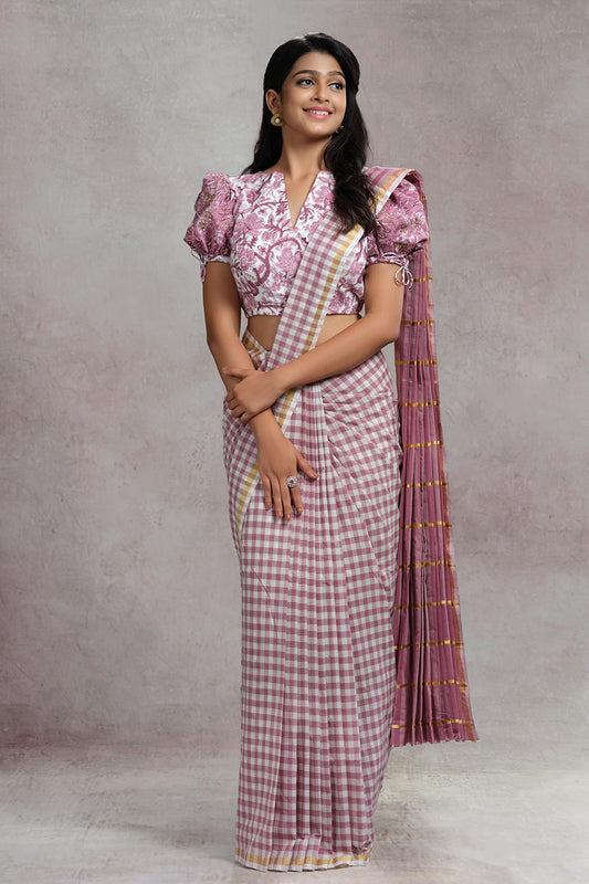 Chendamangalam handloom mauve and off white checks saree golden border