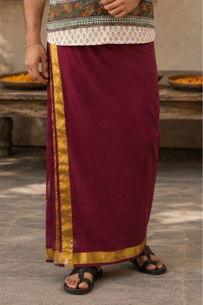Maroon Dhothi with Golden Kara