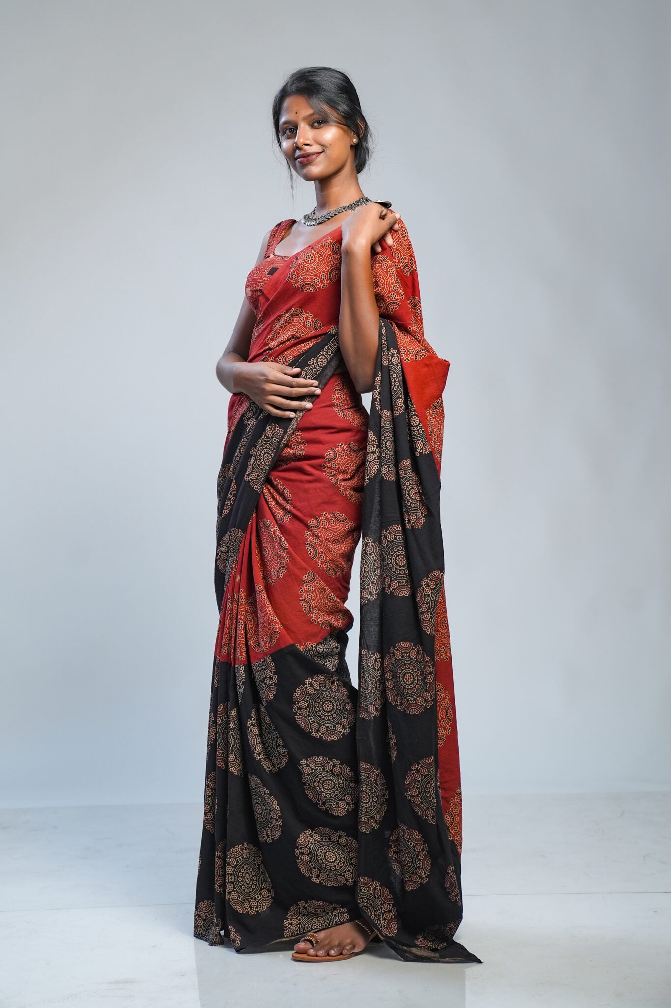 Black & Maroon Double layer Ajrakh Saree