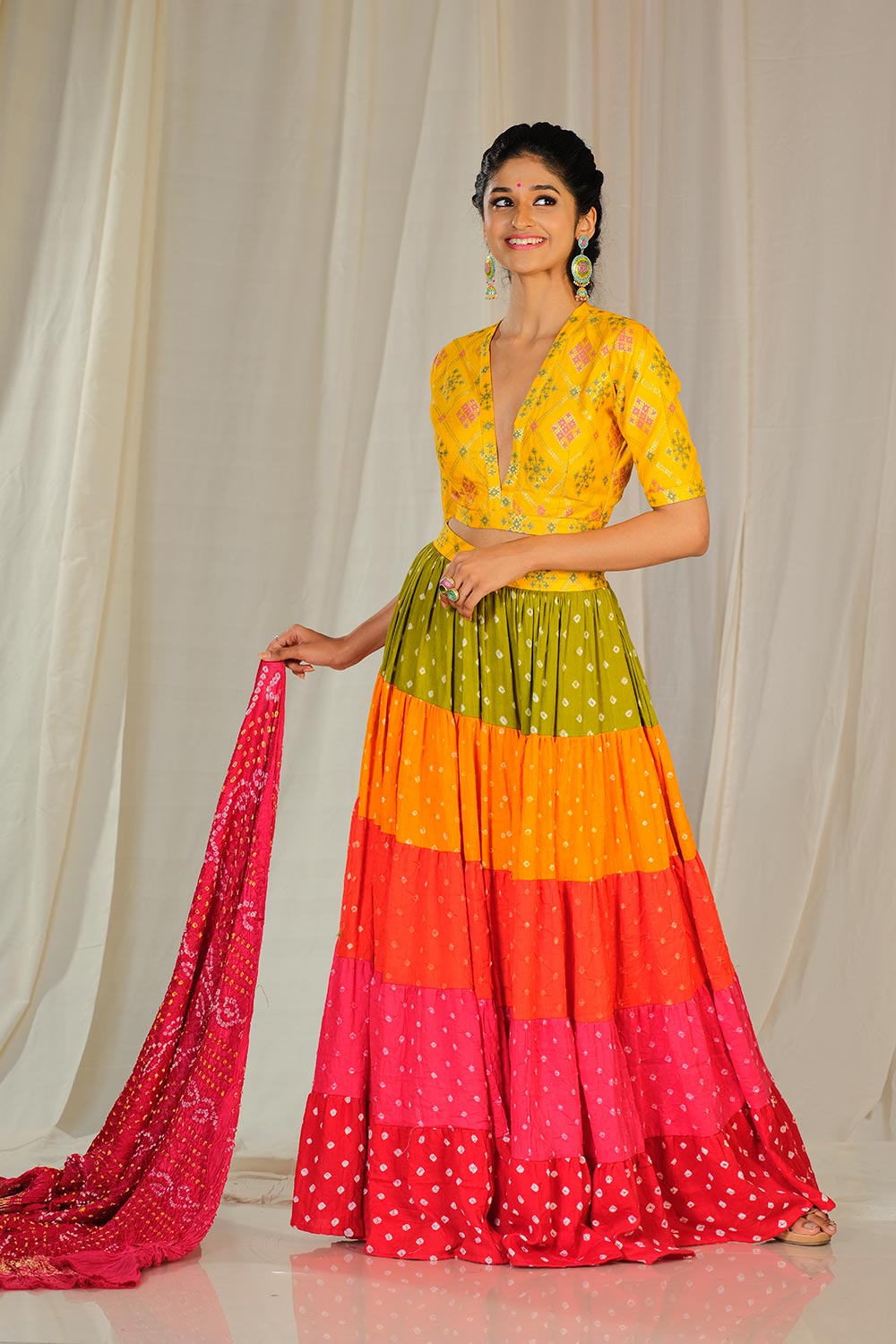 Multi color layered bandhani skirt