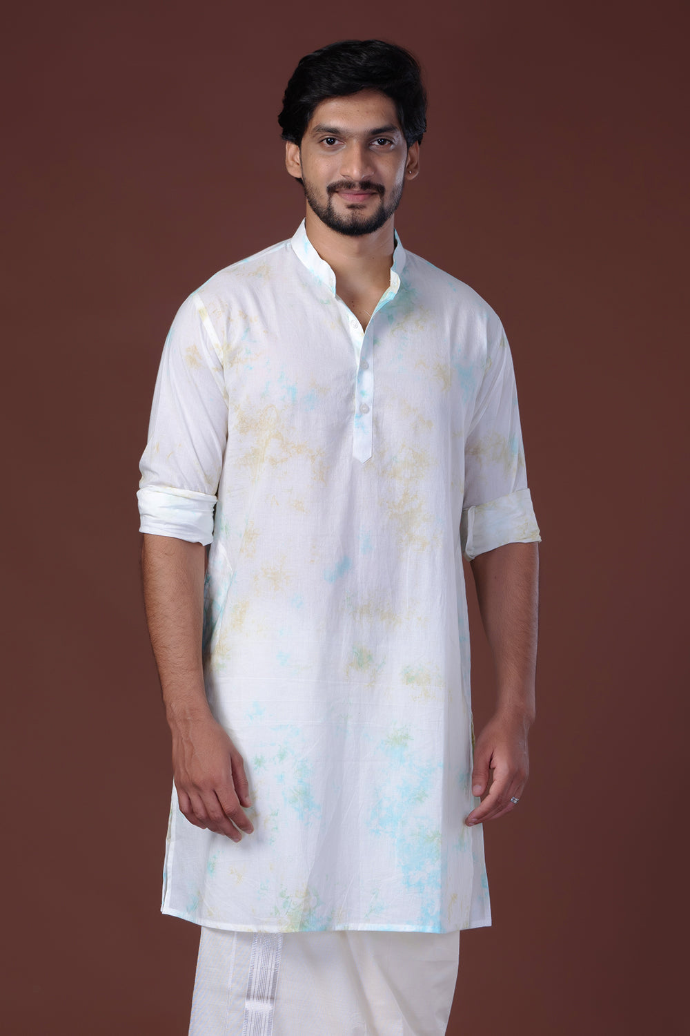 Green&White Long Kurta With Chinese Collar