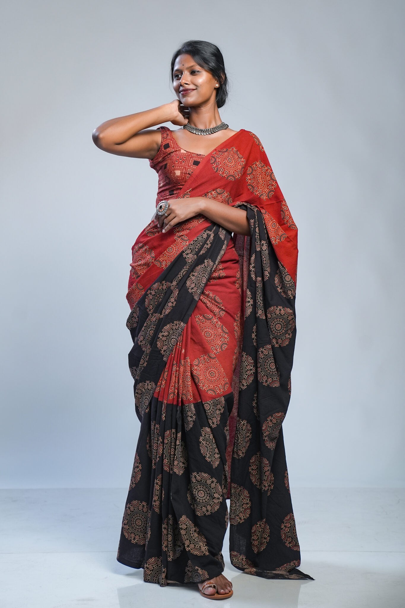 Black & Maroon Double layer Ajrakh Saree