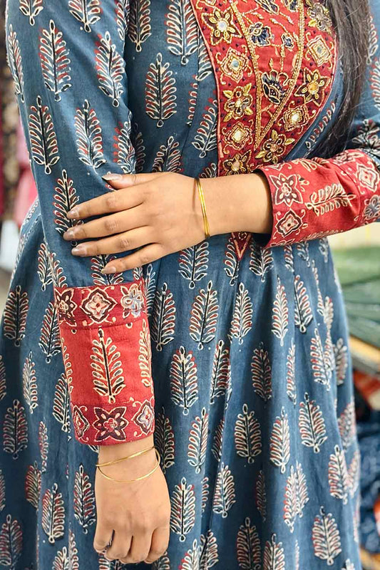 Blue Ajrakh Leaf Printed Anarkali