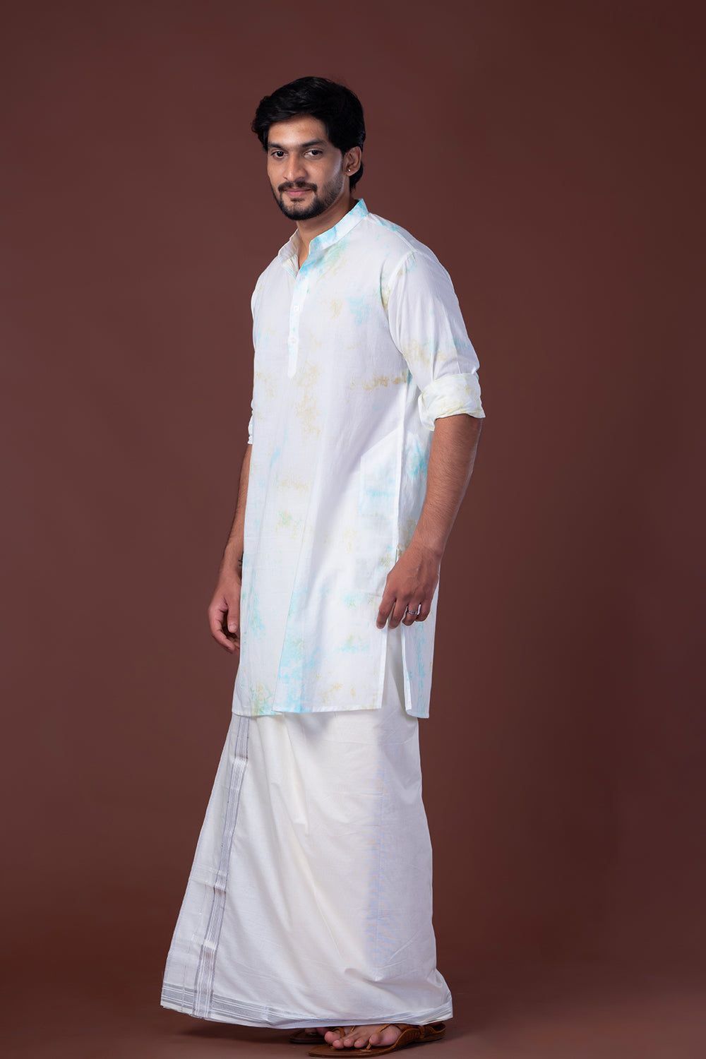 Green&White Long Kurta With Chinese Collar