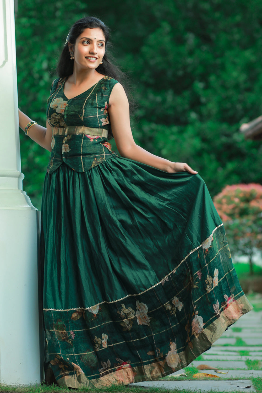 Floral Green Linen Silk Top