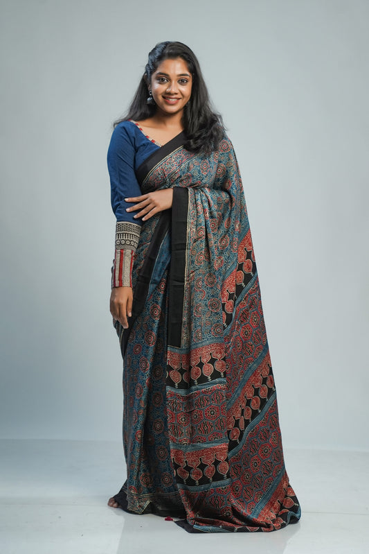 Modal Ajrakh Blue Base Silk Saree